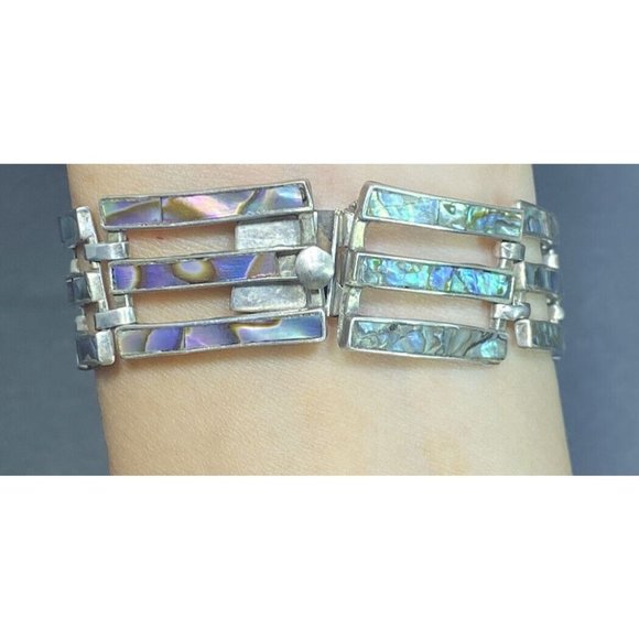 TAXCO Mexico Bracelet 925 Triple Chain Link Abalone Inlay 7.5 inches 1940s - Picture 4 of 7